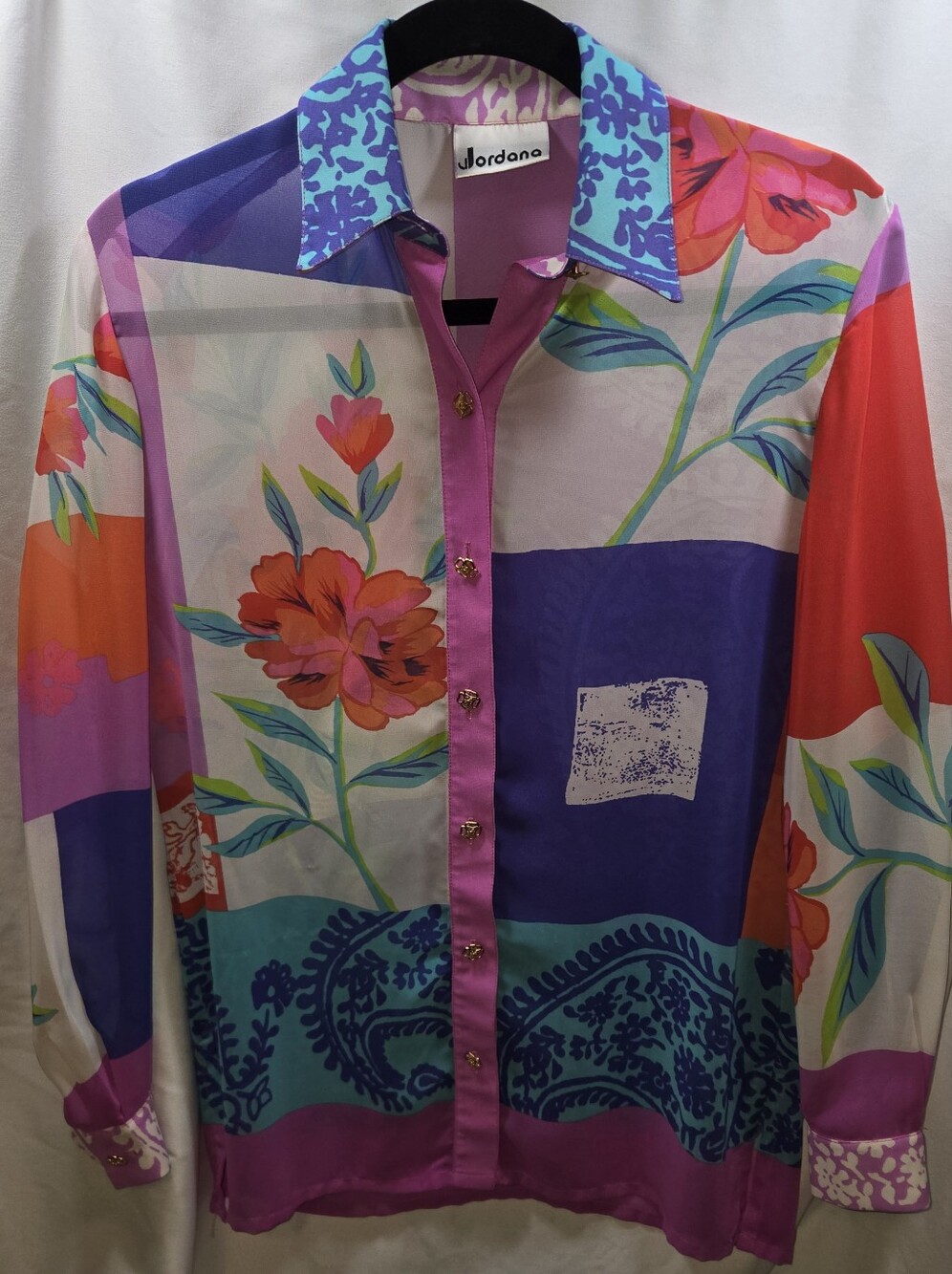 Jordana Colorblock Floral Button-Up Blouse in Purple & Teal